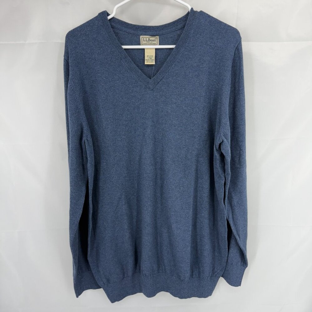 LL Bean Men L Tall V Neck Sweater Cotton Cashmere Long Sleeve Blue Pullover Knit
